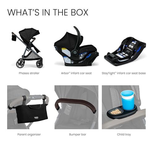 Britax Phases Travel System with Arbor Infant Car Seat, StayTight Base, & Parent Organizer; Car Seat and Stroller Combo with DuoConnect; 6-in-1 Stroller Includes Pramette Mode Raven Black in Kuwait