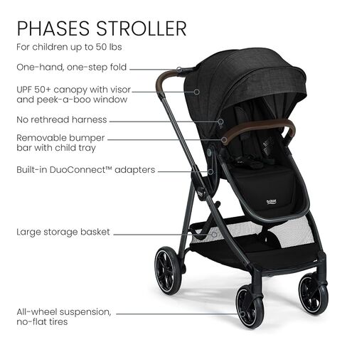 Britax Phases Travel System with Arbor Infant Car Seat, StayTight Base, & Parent Organizer; Car Seat and Stroller Combo with DuoConnect; 6-in-1 Stroller Includes Pramette Mode Raven Black in Kuwait