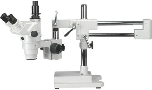 AmScope ZM-4TV3 مجهر تكبير ستيريو ثلاثي العينيات احترافي، عدسات EW10x وEW20x، تكبير 2X-180X، هدف تكبير 0.67X-4.5X، إضاءة محيطة، حامل ذراع مزدوج، يتضمن عدسات بارلو 0.3x و2.0x in Kuwait