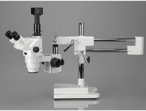AmScope ZM-4TV3 مجهر تكبير ستيريو ثلاثي العينيات احترافي، عدسات EW10x وEW20x، تكبير 2X-180X، هدف تكبير 0.67X-4.5X، إضاءة محيطة، حامل ذراع مزدوج، يتضمن عدسات بارلو 0.3x و2.0x in Kuwait