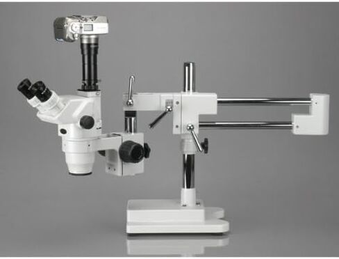 AmScope ZM-4TV3 مجهر تكبير ستيريو ثلاثي العينيات احترافي، عدسات EW10x وEW20x، تكبير 2X-180X، هدف تكبير 0.67X-4.5X، إضاءة محيطة، حامل ذراع مزدوج، يتضمن عدسات بارلو 0.3x و2.0x in Kuwait