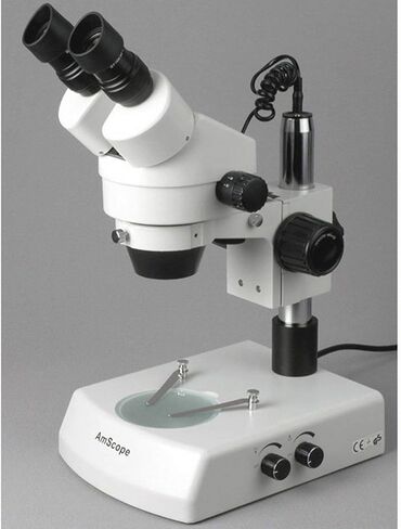 AmScope SM-2BZ مجهر تكبير ستيريو ثنائي العينين احترافي، عدسات WH10x، تكبير 3.5X-90X، هدف تكبير 0.7X-4.5X، إضاءة هالوجين علوية وسفلية، حامل عمود، 110 فولت-120 فولت، يتضمن عدسات بارلو 0.5x و2.0x in Kuwait