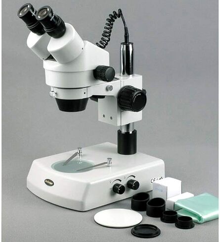AmScope SM-2BZ مجهر تكبير ستيريو ثنائي العينين احترافي، عدسات WH10x، تكبير 3.5X-90X، هدف تكبير 0.7X-4.5X، إضاءة هالوجين علوية وسفلية، حامل عمود، 110 فولت-120 فولت، يتضمن عدسات بارلو 0.5x و2.0x in Kuwait