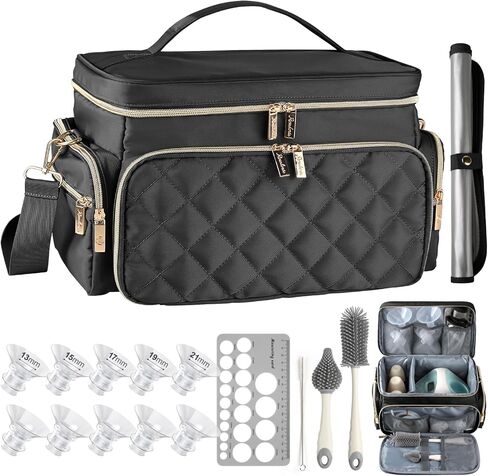 Breast Pump Bag Kit for Spectra S1/S2, Pumping Bag with Bottle Brush Set, 10 Flange Inserts for 24mm Flange, Nipple Ruler, Waterproof Mat, Pump Carrying Case for Work, Travel, Black in Kuwait