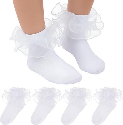 Topbuti 2 Pairs Toddler Girls Ruffle Dress Socks Double Lace Turn Cuff Frilly Princess Socks Cotton Crew Socks for Baby Girls in Kuwait