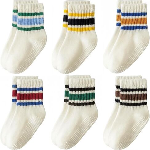 Baby Non-Slip Socks 6 Pairs, Anti-Skid Gripper Socks for Infants Toddlers Cute Striped Breathable Cotton Socks in Saudi Arabia