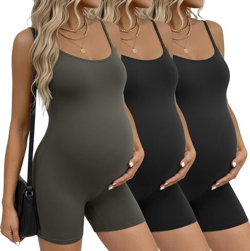 3 Pack Women's Maternity Bodysuits Pregnancy Yoga Workout Jumpsuits Casual Tank Top Shorts Rompers in Kuwait