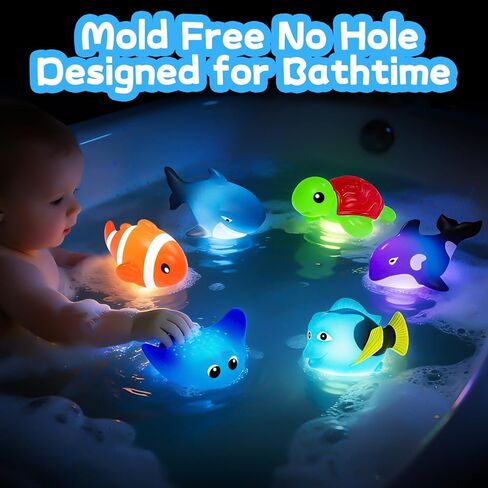 Light Up Bath Toys,No Hole Mold Free Baby Bath Toys,Ocean Animal Water-Activated Lights Flashes and Change Color,Sensory Lights Toys for Babies and Toddlers,Bathtub,Shower,Water Table, Pool in Kuwait