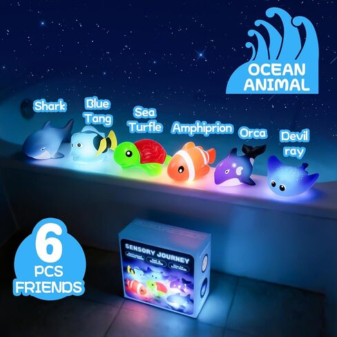 Light Up Bath Toys,No Hole Mold Free Baby Bath Toys,Ocean Animal Water-Activated Lights Flashes and Change Color,Sensory Lights Toys for Babies and Toddlers,Bathtub,Shower,Water Table, Pool in Kuwait