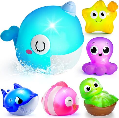 Light Up Bath Toys, Toddler Pool Toys for 1 2 3 Year Old Girl Boy, Water Activated Bath Toys for Kids Ages 1-3, Glowing Baby Bath Toys for Boy & Girl Gifts, 6 Pack in Kuwait