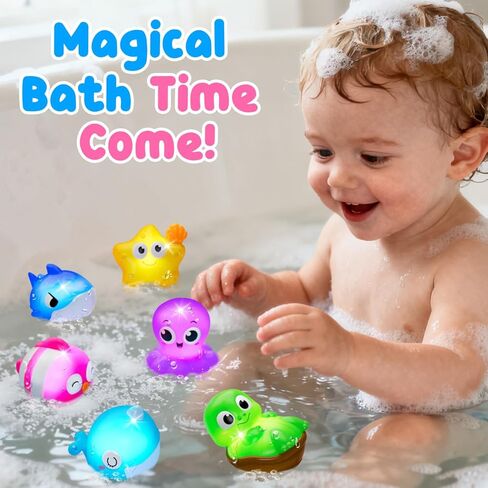 Light Up Bath Toys, Toddler Pool Toys for 1 2 3 Year Old Girl Boy, Water Activated Bath Toys for Kids Ages 1-3, Glowing Baby Bath Toys for Boy & Girl Gifts, 6 Pack in Kuwait