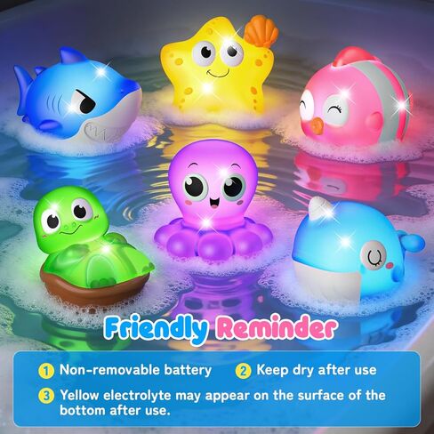 Light Up Bath Toys, Toddler Pool Toys for 1 2 3 Year Old Girl Boy, Water Activated Bath Toys for Kids Ages 1-3, Glowing Baby Bath Toys for Boy & Girl Gifts, 6 Pack in Kuwait