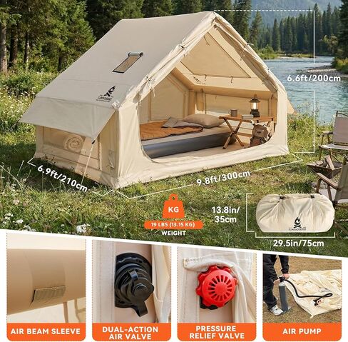 4 Person Inflatable Tent with Stove Jack & Canopy, 4 Season Glamping Air Tent with Panoramic Skylight, AC & Power Port, Waterproof Blow Up Tent House for Camping, Easy Setup in Saudi Arabia