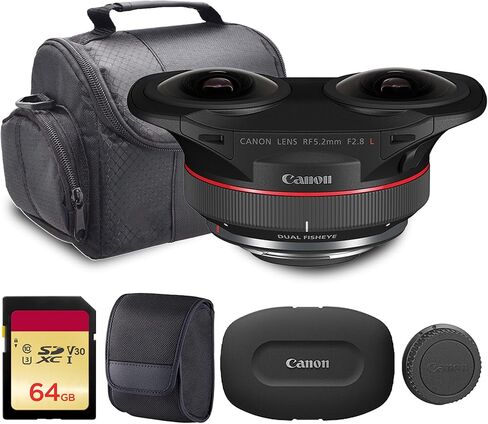 عدسة Canon RF 5.2mm f/2.8L Dual Fisheye 3D VR | عدسة VR مجسمة من السلسلة L مع بصريات مزدوجة وفتحة f/2.8 سريعة وتصميم حامل للترددات اللاسلكية | للمحتوى الغامر للواقع الافتراضي وثلاثي الأبعاد (5554C002) + بطاقة سعة 64 جيجابايت + حقيبة in Kuwait