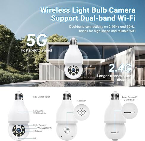 كاميرا مراقبة DYPCO Light Bulb - 5G& 2.4 جيجا هرتز واي فاي كاميرا خارجية للكشف عن الحركة اللاسلكية والتنبيه، التحدث في اتجاهين، رؤية ليلية ملونة، اكتشاف الإنسان، كاميرا مقبس الإضاءة (عبوة بيضاء 2) in Kuwait