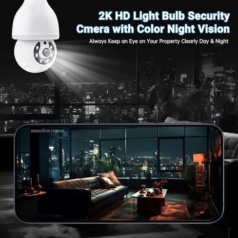 كاميرا مراقبة DYPCO Light Bulb - 5G& 2.4 جيجا هرتز واي فاي كاميرا خارجية للكشف عن الحركة اللاسلكية والتنبيه، التحدث في اتجاهين، رؤية ليلية ملونة، اكتشاف الإنسان، كاميرا مقبس الإضاءة (عبوة بيضاء 2) in Kuwait