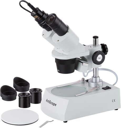AmScope SE306R-P-E مجهر ستيريو رقمي مثبت للأمام، عدسات WF10x، تكبير 20X و40X، أهداف 2X و4X، إضاءة هالوجين علوية وسفلية، لوحة مسرح سوداء/بيضاء قابلة للعكس، حامل عمود، 120 فولت، يتضمن كاميرا 0.3 ميجابكسل وS in Kuwait