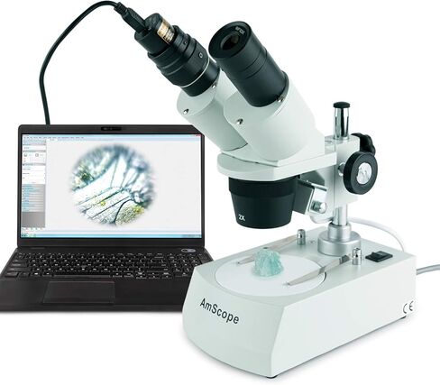 AmScope SE306R-P-E مجهر ستيريو رقمي مثبت للأمام، عدسات WF10x، تكبير 20X و40X، أهداف 2X و4X، إضاءة هالوجين علوية وسفلية، لوحة مسرح سوداء/بيضاء قابلة للعكس، حامل عمود، 120 فولت، يتضمن كاميرا 0.3 ميجابكسل وS in Kuwait