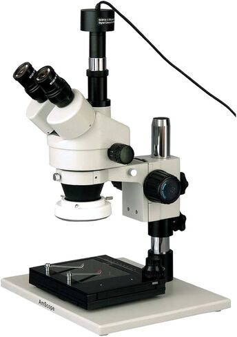 AmScope SM-1TZ-FRL-GT-8M Digital Professional Trinocular Stereo Zoom Microscope, WH10x Eyepieces, 3.5X-90X Magnification, 0.7X-4.5X Zoom Objective, 8W Fluorescent Ring Light, Large Pillar-Style Table Stand with Gliding Table, 110V-120V, Includes 0.5X and  in Kuwait