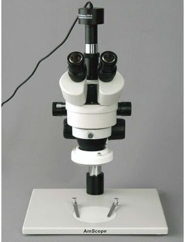 AmScope SM-1TZ-FRL-GT-8M Digital Professional Trinocular Stereo Zoom Microscope, WH10x Eyepieces, 3.5X-90X Magnification, 0.7X-4.5X Zoom Objective, 8W Fluorescent Ring Light, Large Pillar-Style Table Stand with Gliding Table, 110V-120V, Includes 0.5X and  in Kuwait
