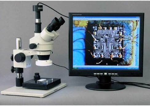AmScope SM-1TZ-FRL-GT-8M Digital Professional Trinocular Stereo Zoom Microscope, WH10x Eyepieces, 3.5X-90X Magnification, 0.7X-4.5X Zoom Objective, 8W Fluorescent Ring Light, Large Pillar-Style Table Stand with Gliding Table, 110V-120V, Includes 0.5X and  in Kuwait
