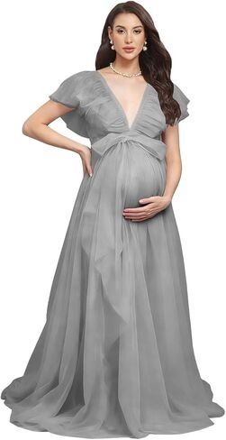 Women’s Tulle Maternity Dresses for Photoshoot Ruffles Short Sleeve Long Baby Shower Dress with Bow in Kuwait