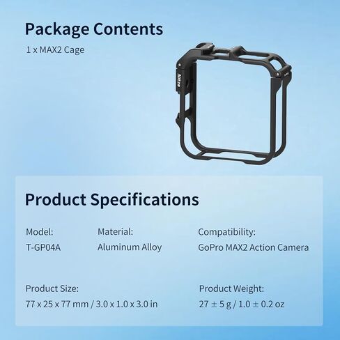 Nitze MAX2 Cage for GoPro MAX2 360 Action Camera, Aluminum Alloy Protective Cage with Built-in Cold Shoe and 1/4" Locating Hole - T-GP04A in Kuwait