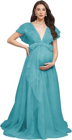 Women’s Tulle Maternity Dresses for Photoshoot Ruffles Short Sleeve Long Baby Shower Dress with Bow in Saudi Arabia