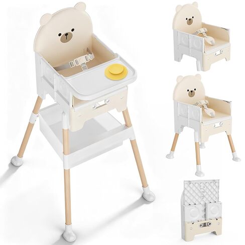 Baby High Chair 3 in 1 High Chairs for Babies and Toddlers Bear Toddler Chair Adjustable Height Highchair with Bib and Storage Bag for Baby Convenient Comfortable Feeding（Beige） in Kuwait
