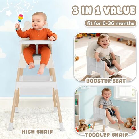 Baby High Chair 3 in 1 High Chairs for Babies and Toddlers Bear Toddler Chair Adjustable Height Highchair with Bib and Storage Bag for Baby Convenient Comfortable Feeding（Beige） in Kuwait