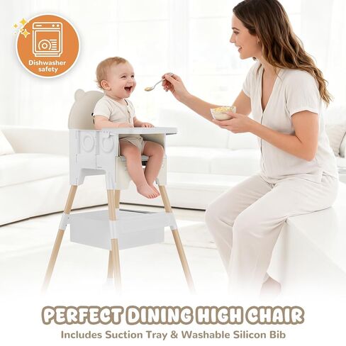 Baby High Chair 3 in 1 High Chairs for Babies and Toddlers Bear Toddler Chair Adjustable Height Highchair with Bib and Storage Bag for Baby Convenient Comfortable Feeding（Beige） in Kuwait