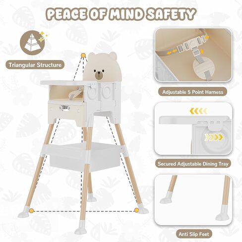 Baby High Chair 3 in 1 High Chairs for Babies and Toddlers Bear Toddler Chair Adjustable Height Highchair with Bib and Storage Bag for Baby Convenient Comfortable Feeding（Beige） in Kuwait