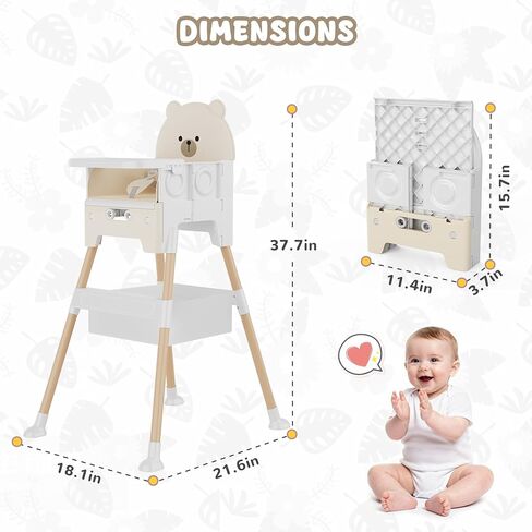 Baby High Chair 3 in 1 High Chairs for Babies and Toddlers Bear Toddler Chair Adjustable Height Highchair with Bib and Storage Bag for Baby Convenient Comfortable Feeding（Beige） in Kuwait