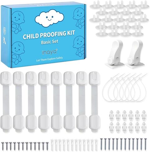 Inaya Baby Proofing Kit Advanced Set - Child Safety Hidden Locks for Cabinets & Drawers, Adjustable Safety Latches, Door Lever Locks and Outlet Covers and more - Keep Your Child Safe at Home in Kuwait