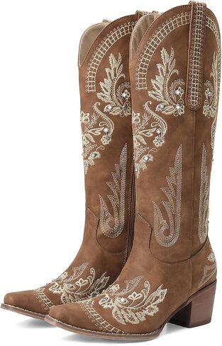 CELNEPHO Cowboy Boots for Women Wide Calf Knee High Cowgirl Boots Embroidered Rhinestones Chunky Heel Pointed Toe Western Retro Boot in Kuwait