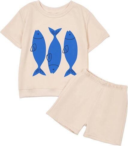 Toddler Baby Boy Blue Fish Summer Outfit 2-Piece Set - T Shirt Tees Elastic Shorts Set Infant Summer Clothes in Saudi Arabia