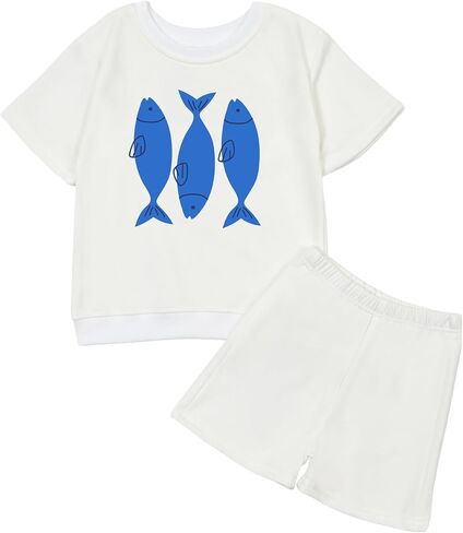 Toddler Baby Boy Blue Fish Summer Outfit 2-Piece Set - T Shirt Tees Elastic Shorts Set Infant Summer Clothes in Saudi Arabia