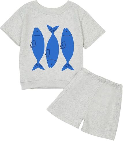 Toddler Baby Boy Blue Fish Summer Outfit 2-Piece Set - T Shirt Tees Elastic Shorts Set Infant Summer Clothes in Saudi Arabia