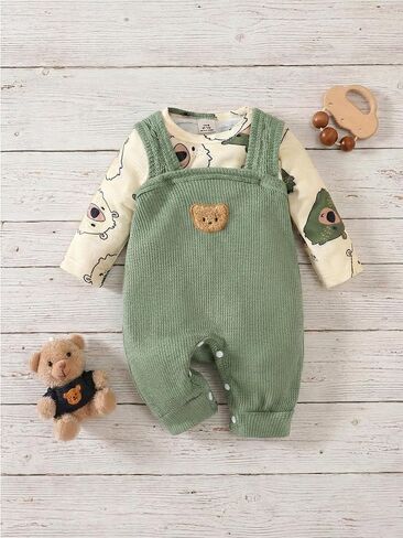 Unisex Baby Waffle Knit Overall Set Green Bear Print Long Sleeve Bodysuit Neutral Infant Fall Outfit 2Pcs in Kuwait