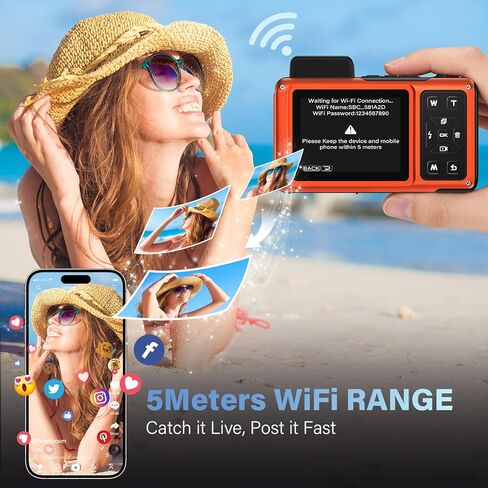 Maxmango V08 Pro 49FT Underwater Camera - 8K 90MP WiFi Waterproof Digital Camera with Touchscreen, Dustproof Shockproof Rugged Camera for Snorkeling, 64GB Point and Shoot Digital Digital Cam - Orange in Kuwait