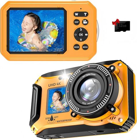 4K 56MP 33FT UHD Underwater Digital Camera for Snorkeling with 32GB Card Dual-Screen Compact Waterproof Dustproof Floatable Autofocus Point and Shoot Digital 1500mAh Battery in Kuwait