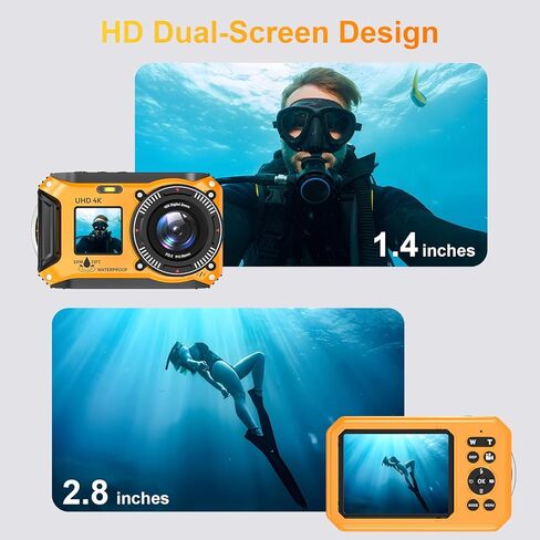 4K 56MP 33FT UHD Underwater Digital Camera for Snorkeling with 32GB Card Dual-Screen Compact Waterproof Dustproof Floatable Autofocus Point and Shoot Digital 1500mAh Battery in Kuwait