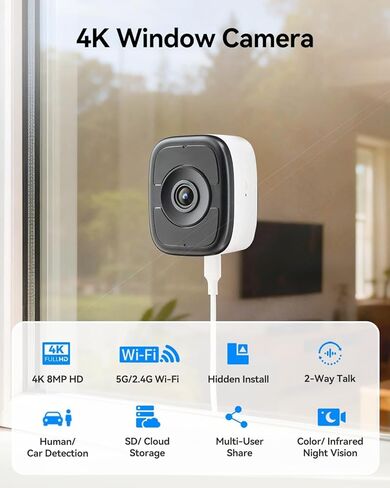 كاميرا نافذة داخلية LongPlus 8 ميجابكسل 4K، كاميرا أمان نافذة Safeview مع رؤية ليلية بالألوان الكاملة، كاميرا نافذة مغناطيسية لأمن المنزل، اكتشاف السيارة البشرية، واي فاي 2.4/5 جيجا هرتز، تسجيل 24/7، التحدث في اتجاهين in Kuwait