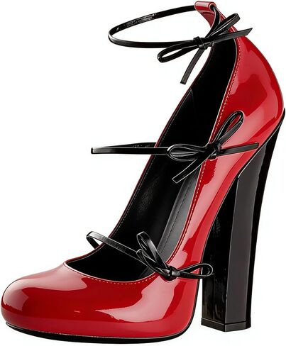 Spring Autumn Chunky Heels Pumps high-Heeled Shoes Round Toe Bowknot Strap Mary Jane Shoes Extra Large Size Women Shoes in Saudi Arabia