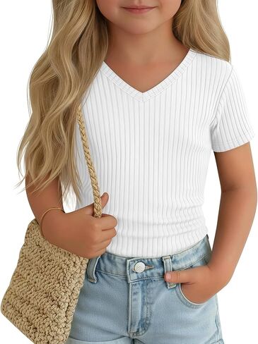 Toddler Girls Shirts Cotton | Short Sleeve, V Neck, Ribbed, Knit, Baby, Slim Fitted, Casual Tops, Summer, Soft, Breathable, Lightweight, 18M-5T in Saudi Arabia