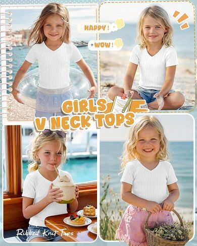 Toddler Girls Shirts Cotton | Short Sleeve, V Neck, Ribbed, Knit, Baby, Slim Fitted, Casual Tops, Summer, Soft, Breathable, Lightweight, 18M-5T in Saudi Arabia