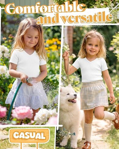 Toddler Girls Shirts Cotton | Short Sleeve, V Neck, Ribbed, Knit, Baby, Slim Fitted, Casual Tops, Summer, Soft, Breathable, Lightweight, 18M-5T in Saudi Arabia