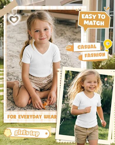 Toddler Girls Shirts Cotton | Short Sleeve, V Neck, Ribbed, Knit, Baby, Slim Fitted, Casual Tops, Summer, Soft, Breathable, Lightweight, 18M-5T in Saudi Arabia