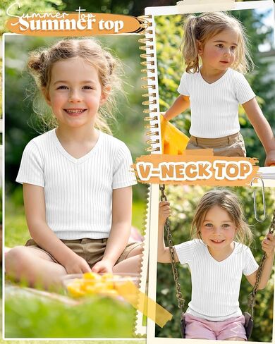 Toddler Girls Shirts Cotton | Short Sleeve, V Neck, Ribbed, Knit, Baby, Slim Fitted, Casual Tops, Summer, Soft, Breathable, Lightweight, 18M-5T in Saudi Arabia
