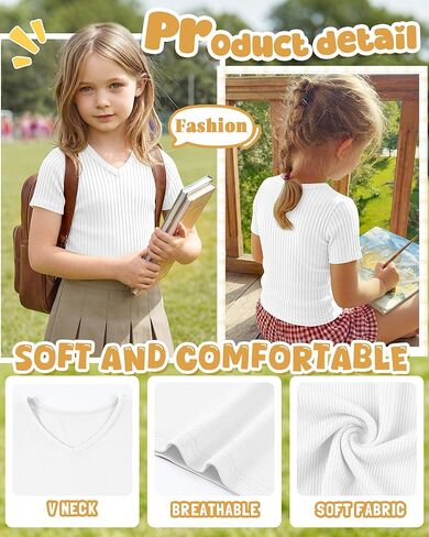 Toddler Girls Shirts Cotton | Short Sleeve, V Neck, Ribbed, Knit, Baby, Slim Fitted, Casual Tops, Summer, Soft, Breathable, Lightweight, 18M-5T in Saudi Arabia